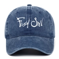 Distressed navy blue baseball cap with Fish On! embroidery and washed cotton finish - Navy Blue
