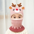 Gorro bufanda de punto rosa para niños con astas de reno marrones y suave pompón rojo - Talla única / Asta de Ciervo Rosa