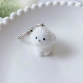 Détail d'un porte-clés chiot floqué blanc avec anneau sur une assiette en céramique - US 1
