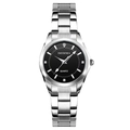 Women's quartz watch with silver metal band and black dial featuring diamond markers - Black