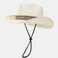 Bohemian woven straw cowboy hat with ethnic patterned band and adjustable chin strap - Ivory
