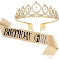 Birthday Girl gold glitter sash and rhinestone tiara crown party decoration set - Set 10 (Gold Glitter Birthday Girl)