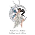 Celestial silver crescent moon necklace with crystal fairy and purple gradient wings - Angel