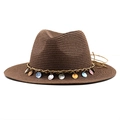 Unisex dark brown straw fedora with bohemian shell charms for beach sun protection - M (56-58cm) / Brown