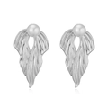 Detail view of silver feather earrings featuring a lustrous pearl inset for women - Style E Silver