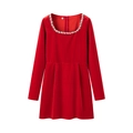 Close-up of red velvet dress neckline featuring intricate rhinestone and sequin details - Red