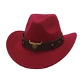 Detail of red wide-brim cowboy hat with brown leather band and bull head emblem - One Size / Wine Red (Golden Bull)