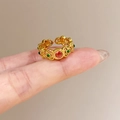 Vintage gold butterfly ring with red enamel inlay and hollow floral carving details - Hollow Red Green Gem
