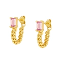 Elegant gold drop earrings with pink emerald-cut stones and curb chain tassels - Pink Gold