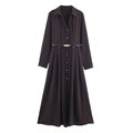 Women's dark brown shirt midi dress with long sleeves, lapel collar, and matching waist belt - XS / Coffee