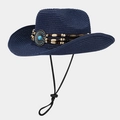 Detailed texture of navy blue straw cowboy hat with ethnic beads and turquoise stone - One Size / Navy Blue