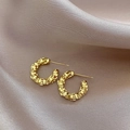 Gold-plated 925 silver stud earrings with chunky woven chain texture on silk base - E5902 Gold Textured C-Hoops