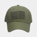 Detailed close-up of tactical army green baseball cap with embroidered American flag - Adjustable / Army Green