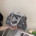 Elegante bolso de noche negro con strass, lazo brillante y asa de perlas de imitación - Plateado