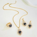 Golden jewelry set with black heart-shaped gemstones and sparkling clear rhinestones - Heart Shape KC Gold Black Style (M-081)