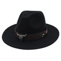 Λεπτομέρεια καπέλου fedora με μεταλλικό κεφάλι ταύρου και κεντημένα λουλούδια - Μαύρο