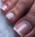 Detail of French pink press-on toenails with sparkling glitter and iridescent rhinestones - French Rhinestone Glitter Style (FW07) / With Jelly Glue and Nail File
