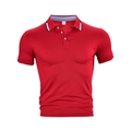 Close-up of red men's polo shirt neckline with M size tag and 100% polyester fabric texture - S / Red