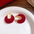 Close-up of vintage burgundy flocked studs with golden metal accents on a white plate - Wine Red Flocked Hoop Earrings (32# Ear Hook-Gold-Red)