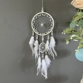 White handmade two-ring dream catcher with feathers for wall hanging decor - White with Lights