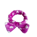 Pink coral fleece headband with white polka dots and a bow for face washing and spa - Purple Polka Dot