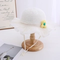 Detail of white crochet sun hat for girls with a yellow flower and adjustable strap - White