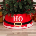 Detail of red fabric Christmas tree skirt with Santa belt design and white fur trim - Santa Suit Style / Small 40x60x20cm