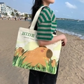 Cream canvas tote bag with cartoon capybara print and large capacity for daily use - Pride Capybara