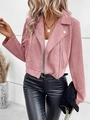 Detail of pink faux suede biker jacket featuring lapel collar and metal zipper closure - S / Pink