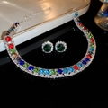 Detailed view of silver necklace and square stud earrings set with colorful gemstones - 22# Necklace-Silver-Multi-color