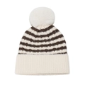 Detailed texture of striped knit beanie with large white faux fur pom-pom and plush lining - M (56-58cm) / Beige