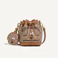 Brown drawstring bucket bag with cartoon bear pattern and matching mini round pouch - Camel