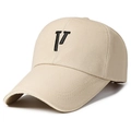 Khaki cotton baseball cap with black embroidered V logo and curved brim design - V Logo Khaki