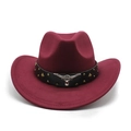 Wine red wool felt western cowboy hat with studded leather band and metal bull head - M (56-58cm) / Burgundy