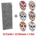 12-piece Day of the Dead paper straws set with colorful sugar skull card decorations - Day of the Dead Straws / Set of 12