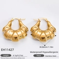 Hypoallergenic 18K gold plated stainless steel wave textured hoop earrings in bright gold - Wavy Texture Style (EH11427)