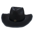 Classic black straw western cowboy hat with a metal bull horn emblem and curved brim - Bull Head Badge Solid Color Style / One Size(56-58cm) / Black (With Wind Rope)