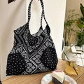Large paisley floral tote bag with rope handles and Sozakka label in black and white - Black Paisley