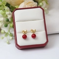 Elegant gold bow earrings with red round beads displayed in a luxury jewelry gift box - E2830-6-Gold Bow Red Bead Studs