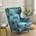 Stretch wingback chair cover with blue tropical leaf pattern for armchair protection - Pinellia