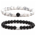 Distance beaded bracelets set with white turquoise and matte black onyx 8mm stones - Matte Black + White Vein Turquoise