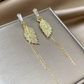 Elegant gold leaf earrings with sparkling rhinestones and long tassel drop on silk - Gold Leaf Tassel Rhinestone Long Earrings (E1280)
