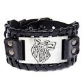Handmade black leather bracelet featuring a woven design and a Celtic wolf head charm - Black PU + Antique Silver