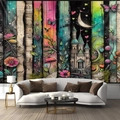 Detail of artistic Christmas tapestry with gothic castle and mushroom fantasy pattern on wall - 300x230cm / Fantasy Castle Butterfly