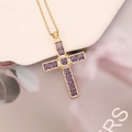 Detail of gold cross pendant with purple square stones and white zircon micro-inlay - 7# Purple Grid