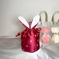 Wine red satin Easter bunny ear gift bag with pink heart prints and drawstring - Large / Wine Red Heart