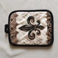 Thick cotton pot holder with fleur-de-lis pattern, vintage floral border and hanging loop - Fleur-de-lis