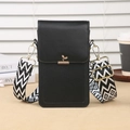 Mini black square crossbody phone bag with textured leather and geometric wide strap - Black