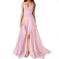 Elegant rose pink sequin lace long dress with V-neck and high slit for formal evening party - S (US 2) / Pink