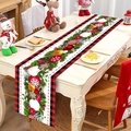 Detailed Christmas table runner with pine branches, festive bells, and red-black plaid borders - 181x35.5cm